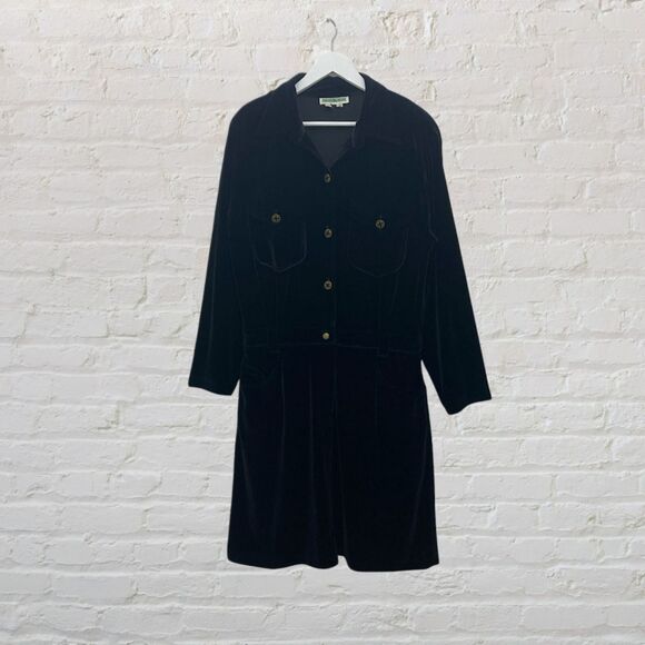 Boston Proper Black Velvet Gold Button Midi Dress M - Picture 2 of 15